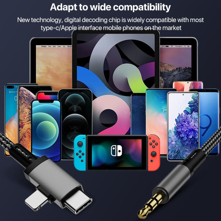 สายอะแดปเตอร์ 2 in 1 8 พิน, USB-C / Type-C เป็นแจ็คเสียง AUX 3.5 มม. สำหรับรถยนต์, Type-C, 8 พิน เป็น 3.5 มม., ความยาว: 1 เมตร