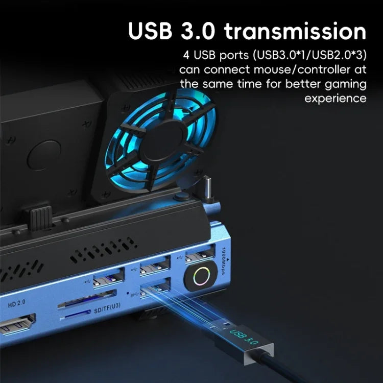 YCE-V279A สถานีเชื่อมต่อเกม USB-C 9-in-1 พร้อมพัดลมถอดได้, 9-in-1