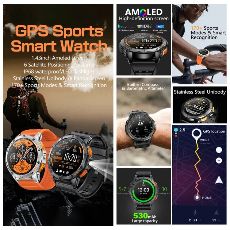 นาฬิกาอัจฉริยะ LEMFO K67 ขนาด 1.43 นิ้ว หน้าจอ AMOLED พร้อม GPS สำหรับกีฬา รองรับการโทรผ่านบลูทูธ / ตรวจสุขภาพ
