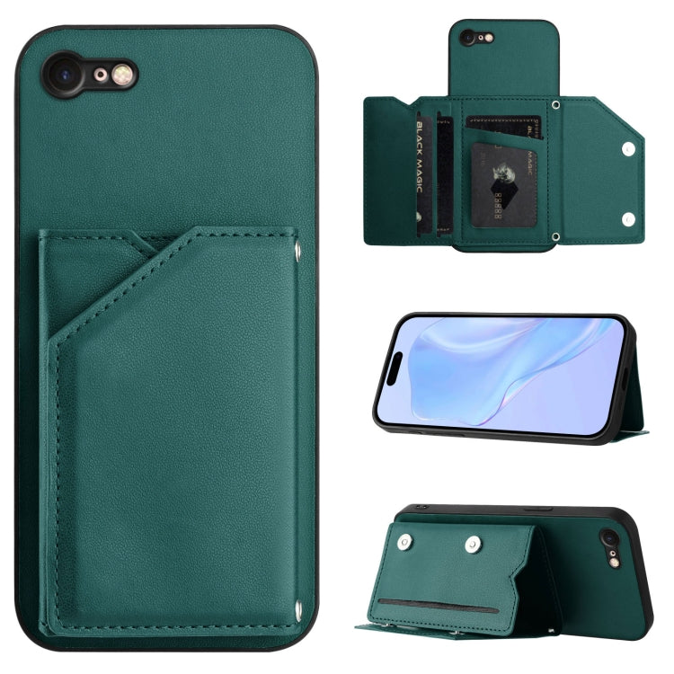 เคสโทรศัพท์สัมผัสผิวสกินพร้อมช่องใส่บัตรสี่ช่องและสายรัดข้อมือ สำหรับ iPhone 7 / 8 / SE 2020 2022, สำหรับ iPhone 13 Pro Max, สำหรับ iPhone 13 Pro, สำหรับ iPhone 13, สำหรับ iPhone 13 mini, สำหรับ iPhone 12, สำหรับ iPhone 12 Pro Max, สำหรับ iPhone 12 Pro
