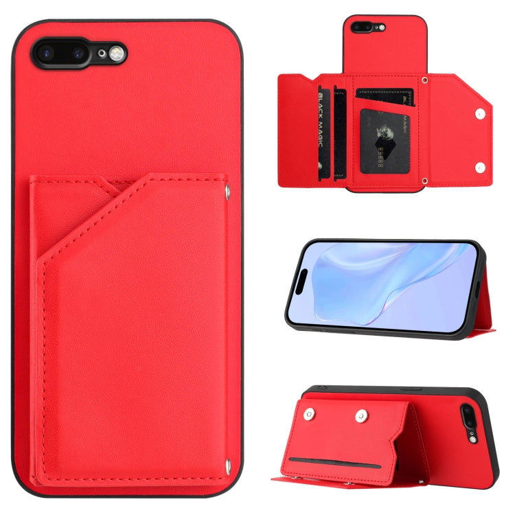 เคสโทรศัพท์สัมผัสผิวสกินพร้อมช่องใส่บัตรสี่ช่องและสายรัดข้อมือ สำหรับ iPhone 12 mini, สำหรับ iPhone 11 Pro Max, สำหรับ iPhone 11, สำหรับ iPhone 11 Pro, สำหรับ iPhone X / XS, สำหรับ iPhone XR, สำหรับ iPhone XS Max, สำหรับ iPhone 7 Plus / 8 Plus