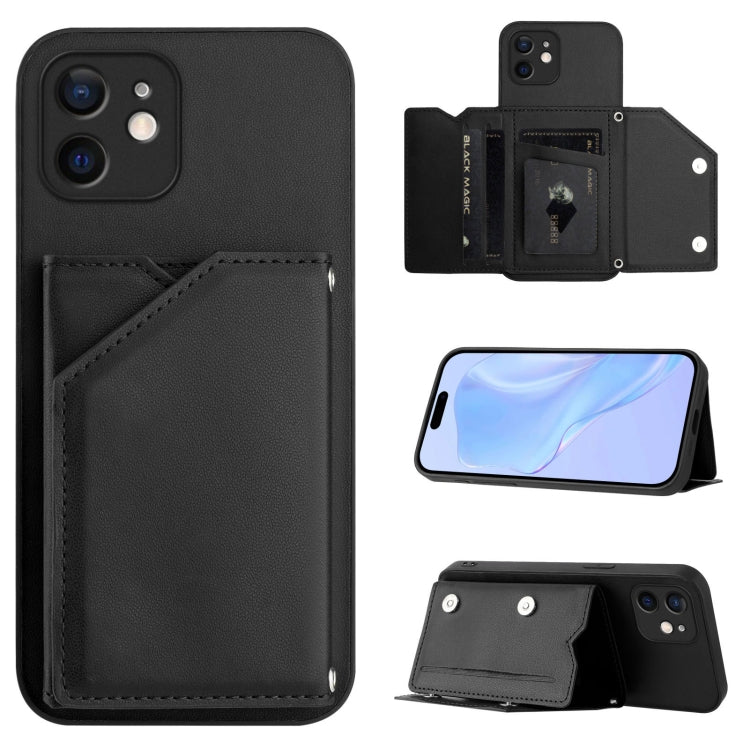 เคสโทรศัพท์สัมผัสผิวสกินพร้อมช่องใส่บัตรสี่ช่องและสายรัดข้อมือ สำหรับ iPhone 12 mini, สำหรับ iPhone 11 Pro Max, สำหรับ iPhone 11, สำหรับ iPhone 11 Pro, สำหรับ iPhone X / XS, สำหรับ iPhone XR, สำหรับ iPhone XS Max, สำหรับ iPhone 7 Plus / 8 Plus