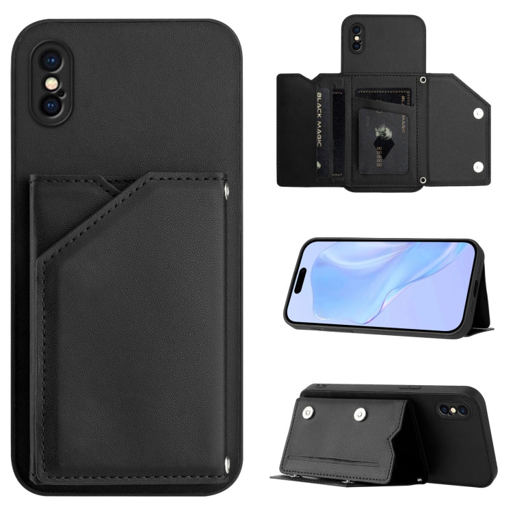 เคสโทรศัพท์สัมผัสผิวสกินพร้อมช่องใส่บัตรสี่ช่องและสายรัดข้อมือ สำหรับ iPhone 12 mini, สำหรับ iPhone 11 Pro Max, สำหรับ iPhone 11, สำหรับ iPhone 11 Pro, สำหรับ iPhone X / XS, สำหรับ iPhone XR, สำหรับ iPhone XS Max, สำหรับ iPhone 7 Plus / 8 Plus