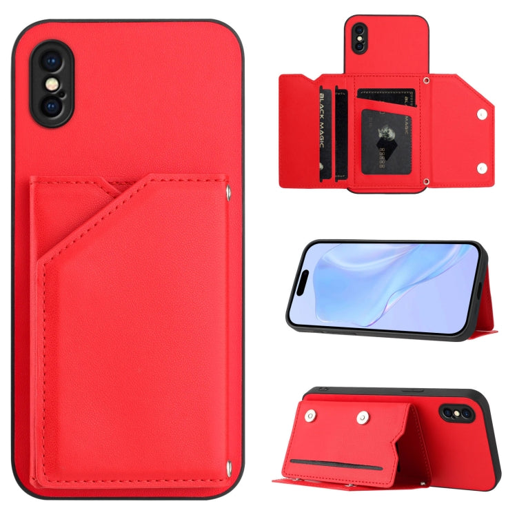 เคสโทรศัพท์สัมผัสผิวสกินพร้อมช่องใส่บัตรสี่ช่องและสายรัดข้อมือ สำหรับ iPhone 12 mini, สำหรับ iPhone 11 Pro Max, สำหรับ iPhone 11, สำหรับ iPhone 11 Pro, สำหรับ iPhone X / XS, สำหรับ iPhone XR, สำหรับ iPhone XS Max, สำหรับ iPhone 7 Plus / 8 Plus