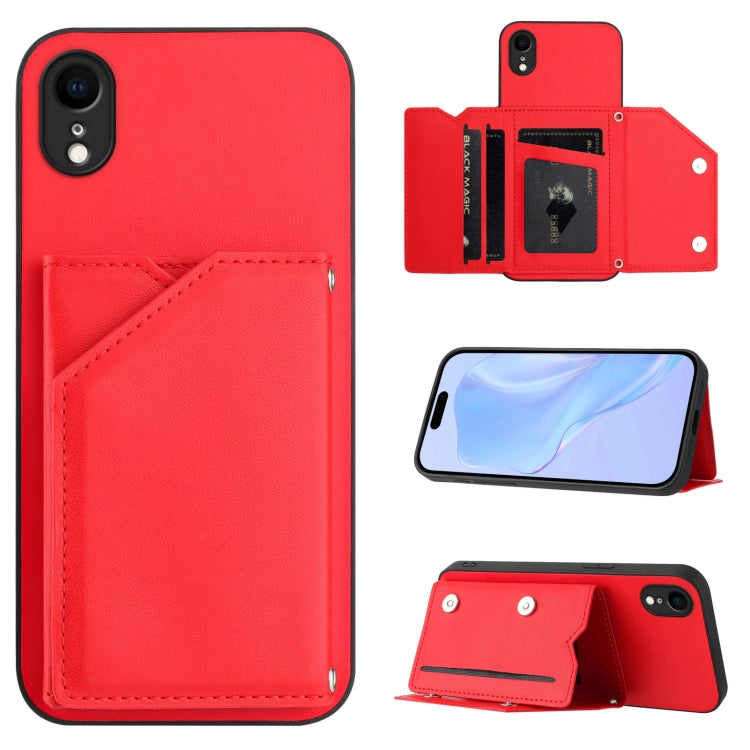 เคสโทรศัพท์สัมผัสผิวสกินพร้อมช่องใส่บัตรสี่ช่องและสายรัดข้อมือ สำหรับ iPhone 12 mini, สำหรับ iPhone 11 Pro Max, สำหรับ iPhone 11, สำหรับ iPhone 11 Pro, สำหรับ iPhone X / XS, สำหรับ iPhone XR, สำหรับ iPhone XS Max, สำหรับ iPhone 7 Plus / 8 Plus