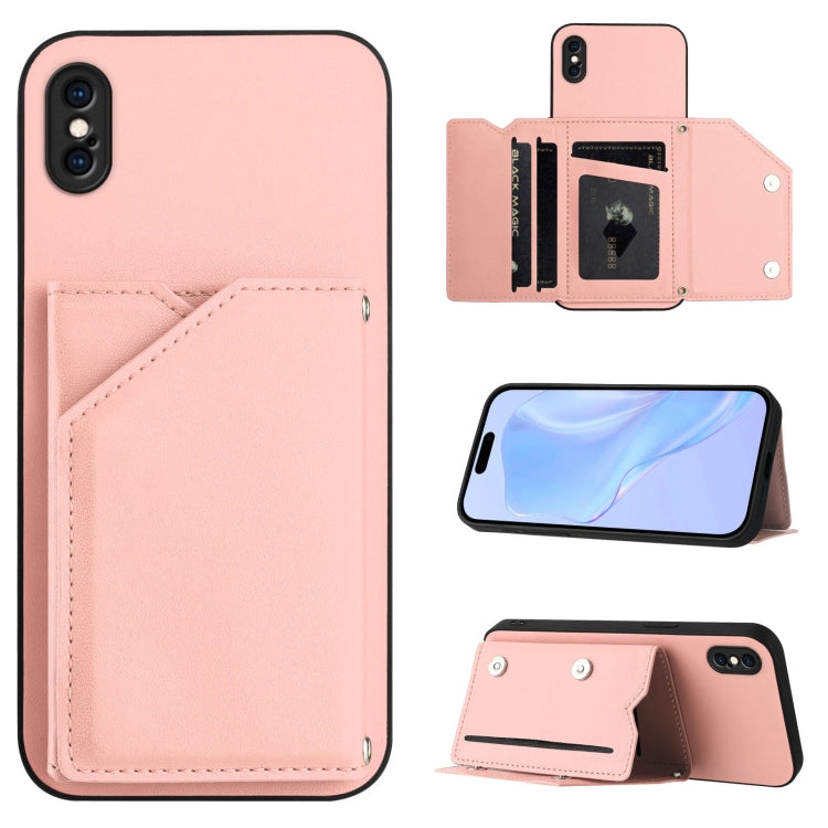 เคสโทรศัพท์สัมผัสผิวสกินพร้อมช่องใส่บัตรสี่ช่องและสายรัดข้อมือ สำหรับ iPhone 12 mini, สำหรับ iPhone 11 Pro Max, สำหรับ iPhone 11, สำหรับ iPhone 11 Pro, สำหรับ iPhone X / XS, สำหรับ iPhone XR, สำหรับ iPhone XS Max, สำหรับ iPhone 7 Plus / 8 Plus