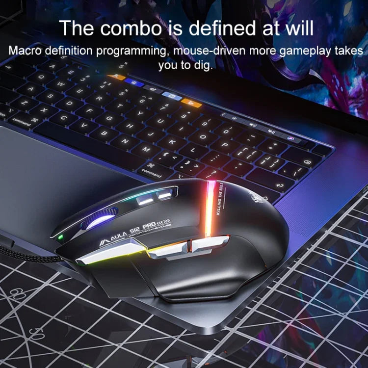 AULA S12 Pro เมาส์เกมแบบมีสาย RGB ความละเอียด 12800DPI
