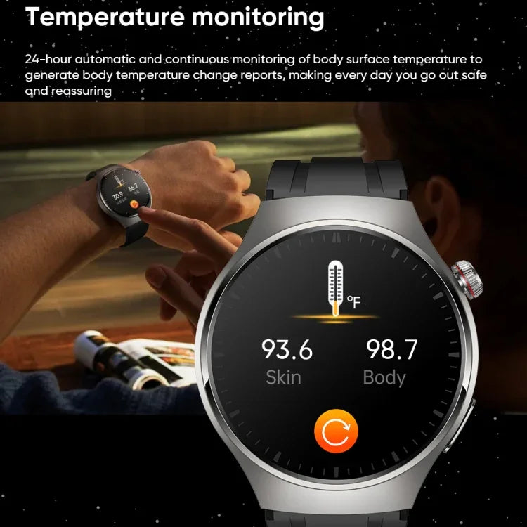นาฬิกาอัจฉริยะ MT200 หน้าจอ AMOLED 1.43 นิ้ว สายเหล็ก IP67 โทร BT, รองรับ ECG
