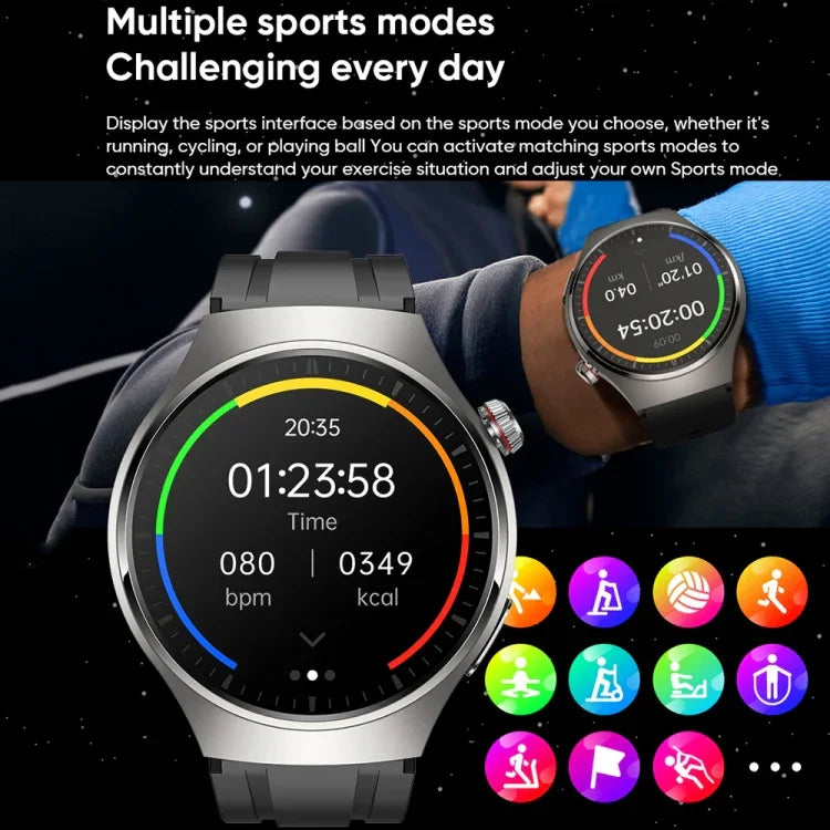 นาฬิกาอัจฉริยะ MT200 หน้าจอ AMOLED 1.43 นิ้ว สายเหล็ก IP67 โทร BT, รองรับ ECG