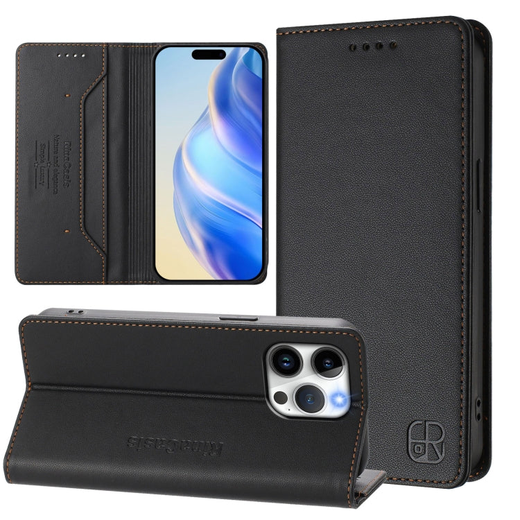 เคสโทรศัพท์หนัง RFID แบบพับสองชั้นพร้อมแม่เหล็กดูด RC01 สำหรับ iPhone 16 Pro, สำหรับ iPhone 16 Plus, สำหรับ iPhone 16, สำหรับ iPhone 15 Pro Max, สำหรับ iPhone 15 Pro, สำหรับ iPhone 15 Plus