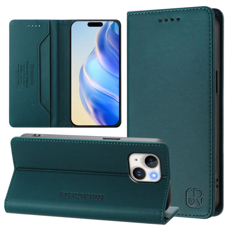 เคสโทรศัพท์หนัง RFID แบบพับสองชั้นพร้อมแม่เหล็กดูด RC01 สำหรับ iPhone 16 Pro, สำหรับ iPhone 16 Plus, สำหรับ iPhone 16, สำหรับ iPhone 15 Pro Max, สำหรับ iPhone 15 Pro, สำหรับ iPhone 15 Plus