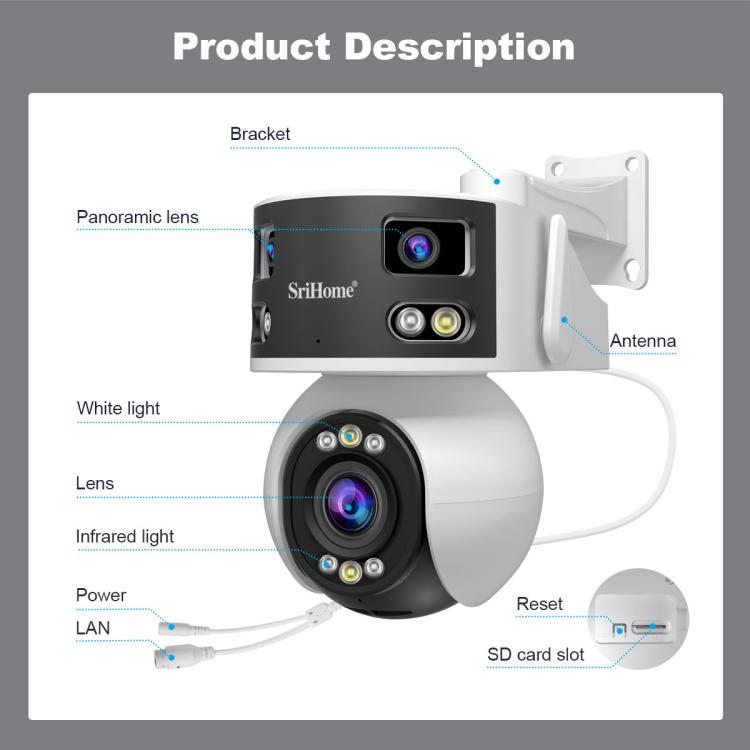 กล้องโดม PTZ มุมกว้างพิเศษหลายเลนส์ 8MP HD SriHome SH055B, SH055B