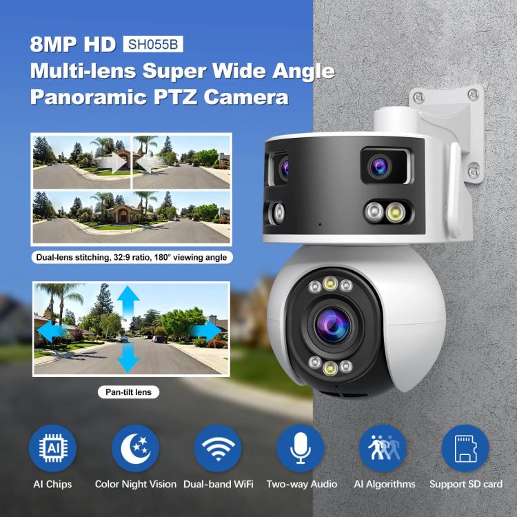 กล้องโดม PTZ มุมกว้างพิเศษหลายเลนส์ 8MP HD SriHome SH055B, SH055B