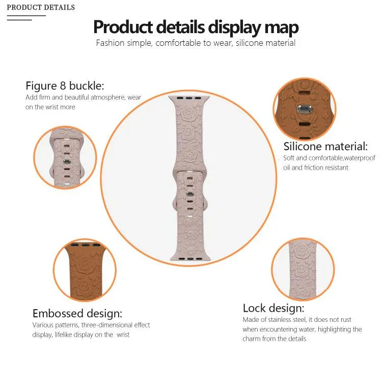 สายรัดนาฬิกาซิลิโคน Kalebol แบบหัวเข็มขัดรูปเลข 8 ปั๊มลายกุหลาบ สำหรับ Apple Watch 46 มม. / 49 มม. / 45 มม. / 44 มม., สำหรับ Apple Watch 42 มม. / 41 มม. / 40 มม. / 38 มม.
