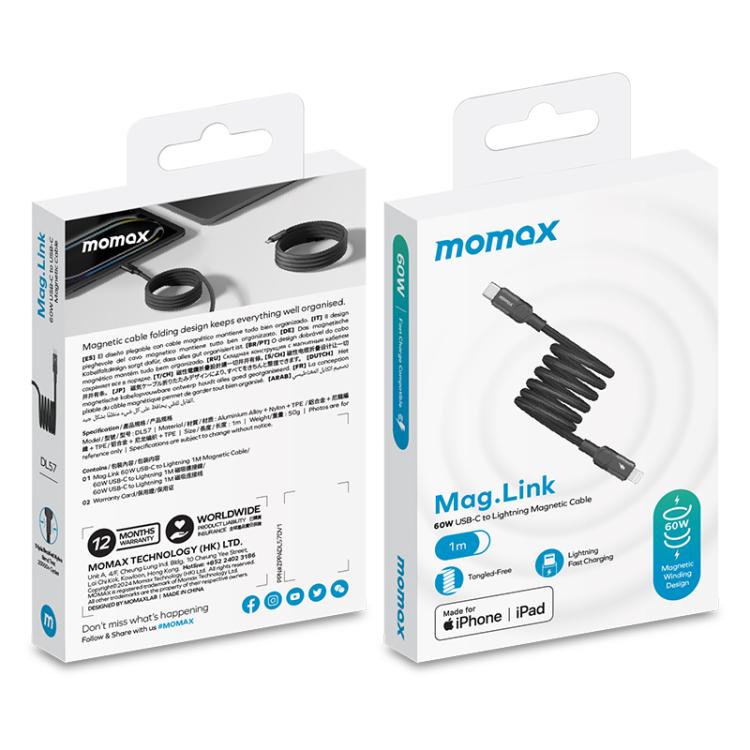 MOMAX DL57D Mag.Link สายชาร์จข้อมูลถักแม่เหล็ก 60W Type-C เป็น 8 Pin ความยาว:1m
