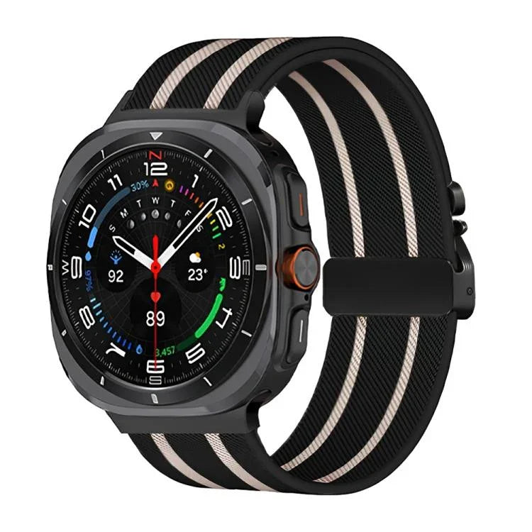 สายรัดนาฬิกานีลอนถักยืดลายริ้วพร้อมหัวเข็มขัดร่ม สำหรับ Samsung Galaxy Watch Ultra 47มม. / Ultra 2025