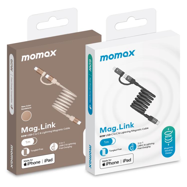 สายชาร์จข้อมูลแม่เหล็ก Momax Mag.Link Duo 60W USB-C / Type-C ถึง USB-C / Type-C / 8 Pin, DC58 1m, DL58 60W 1m