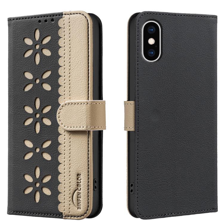 เคสโทรศัพท์หนังลายดอกไม้กลวงสีเย็บต่อพร้อม RFID สำหรับ iPhone XS Max, สำหรับ iPhone 6 Plus / 7 Plus / 8 Plus, สำหรับ iPhone 6 / 7 / 8