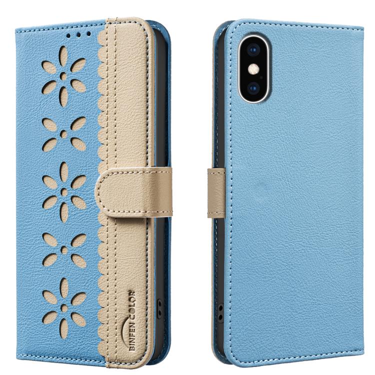 เคสโทรศัพท์หนังลายดอกไม้กลวงสีเย็บต่อพร้อม RFID สำหรับ iPhone XS Max, สำหรับ iPhone 6 Plus / 7 Plus / 8 Plus, สำหรับ iPhone 6 / 7 / 8