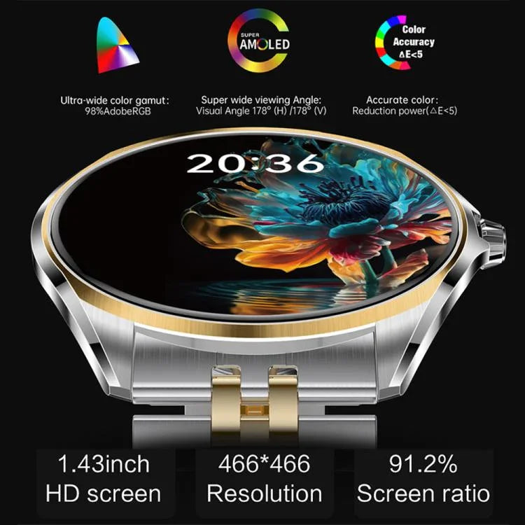 H78 หน้าจอ AMOLED 1.43 นิ้ว นาฬิกาอัจฉริยะสุขภาพและฟิตเนส กันน้ำ IP67 รองรับการโทร BT
