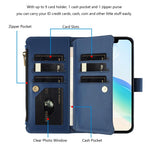 Magnetic Closure 9 Card Slots Zipper Leather Case with Hand Strap, For iPhone 14 Pro Max, For iPhone SE 2022 / 2020 / 8 / 7, For iPhone 13 Pro Max, For iPhone 13 Pro, For iPhone 13 mini, For iPhone 12 / 12 Pro, For iPhone 12 Pro Max, For iPhone 12 mini