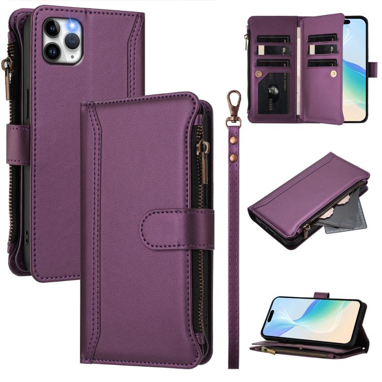 เคสหนังซิปพร้อมช่องใส่บัตร 9 ช่องและสายคล้องมือปิดด้วยแม่เหล็ก สำหรับ iPhone 11 Pro Max, สำหรับ iPhone 11, สำหรับ iPhone 11 Pro, สำหรับ iPhone XS / X, สำหรับ iPhone XR, สำหรับ iPhone XS Max, สำหรับ iPhone 8 Plus / 7 Plus