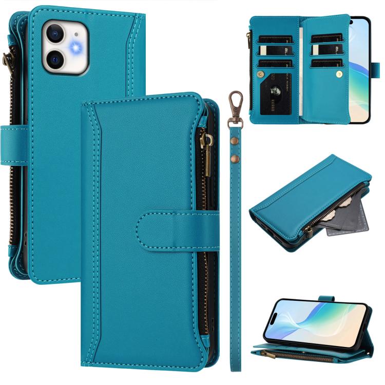 เคสหนังซิปพร้อมช่องใส่บัตร 9 ช่องและสายคล้องมือปิดด้วยแม่เหล็ก สำหรับ iPhone 11 Pro Max, สำหรับ iPhone 11, สำหรับ iPhone 11 Pro, สำหรับ iPhone XS / X, สำหรับ iPhone XR, สำหรับ iPhone XS Max, สำหรับ iPhone 8 Plus / 7 Plus