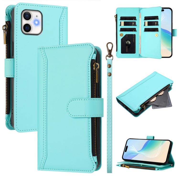 เคสหนังซิปพร้อมช่องใส่บัตร 9 ช่องและสายคล้องมือปิดด้วยแม่เหล็ก สำหรับ iPhone 11 Pro Max, สำหรับ iPhone 11, สำหรับ iPhone 11 Pro, สำหรับ iPhone XS / X, สำหรับ iPhone XR, สำหรับ iPhone XS Max, สำหรับ iPhone 8 Plus / 7 Plus