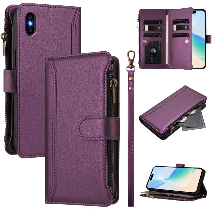 เคสหนังซิปพร้อมช่องใส่บัตร 9 ช่องและสายคล้องมือปิดด้วยแม่เหล็ก สำหรับ iPhone 11 Pro Max, สำหรับ iPhone 11, สำหรับ iPhone 11 Pro, สำหรับ iPhone XS / X, สำหรับ iPhone XR, สำหรับ iPhone XS Max, สำหรับ iPhone 8 Plus / 7 Plus