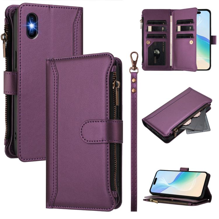 เคสหนังซิปพร้อมช่องใส่บัตร 9 ช่องและสายคล้องมือปิดด้วยแม่เหล็ก สำหรับ iPhone 11 Pro Max, สำหรับ iPhone 11, สำหรับ iPhone 11 Pro, สำหรับ iPhone XS / X, สำหรับ iPhone XR, สำหรับ iPhone XS Max, สำหรับ iPhone 8 Plus / 7 Plus