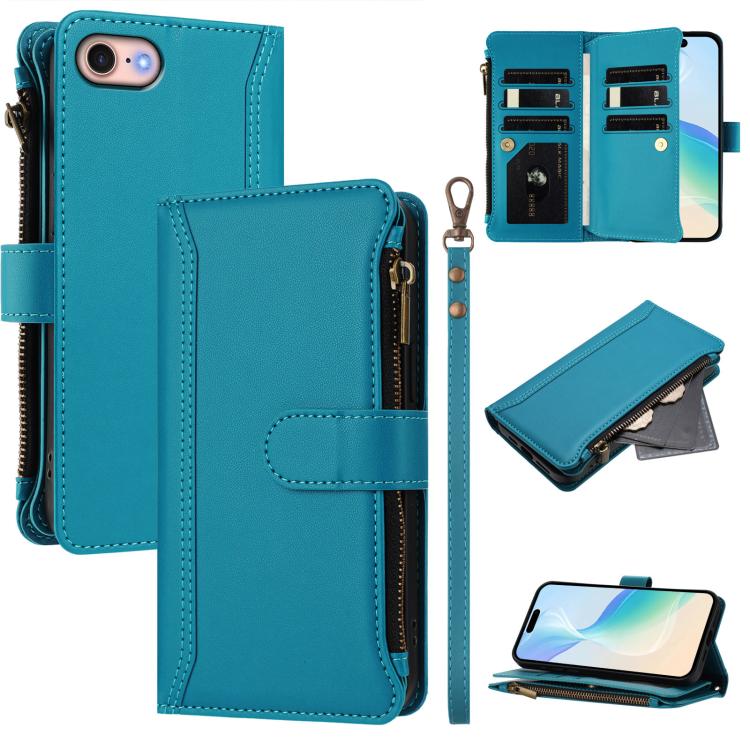 Magnetic Closure 9 Card Slots Zipper Leather Case with Hand Strap, For iPhone 14 Pro Max, For iPhone SE 2022 / 2020 / 8 / 7, For iPhone 13 Pro Max, For iPhone 13 Pro, For iPhone 13 mini, For iPhone 12 / 12 Pro, For iPhone 12 Pro Max, For iPhone 12 mini