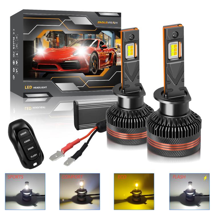2pcs/Pack 60W 8000LM 6000K Three Color Remote Control Car LED Headlight Bulb, 9005, 9006, H1, H4, H7, H11
