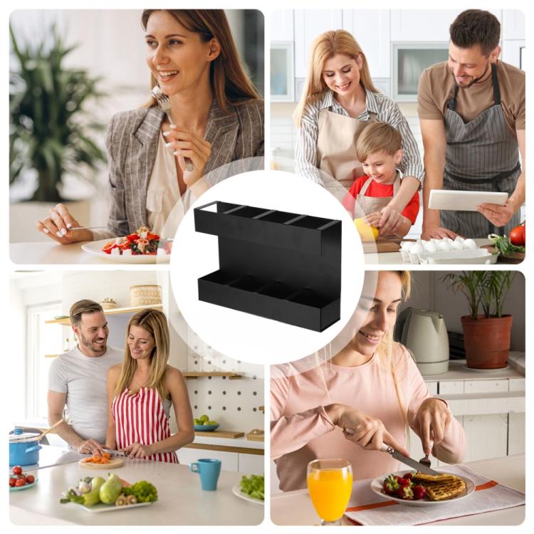 ชั้นวางเครื่องใช้บนโต๊ะอาหารสี่ช่องสำหรับหลอดและช้อนส้อม ทำจากโลหะ พร้อมแผ่นแม่เหล็กอ่อน 12 ชิ้น