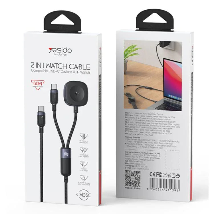 สายชาร์จ Yesido CA136C 60W USB-C / Type-C เป็น Type-C & iWatch 2-in-1, CA136C