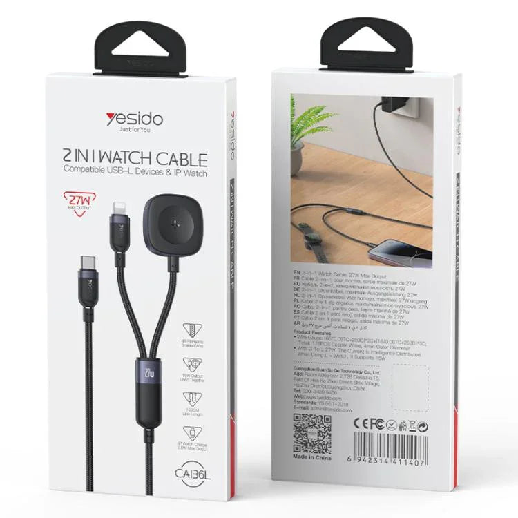 สายชาร์จ Yesido CA136L 27W USB-C / Type-C เป็น 8 Pin & iWatch 2-in-1, CA136L