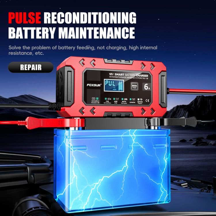 FOXSUR FBC1206F 12V 6A Car Motorcycle Battery Charger Smart Repair Multi-function Charger, EU Plug, US Plug, UK Plug, AU Plug