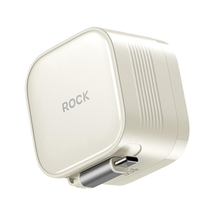 ROCK T90 ที่ชาร์จผนัง GaN PD35W Type-C พอร์ตเดี่ยว พร้อมสาย Type-C แบบเก็บได้, ปลั๊ก UK, ปลั๊ก EU