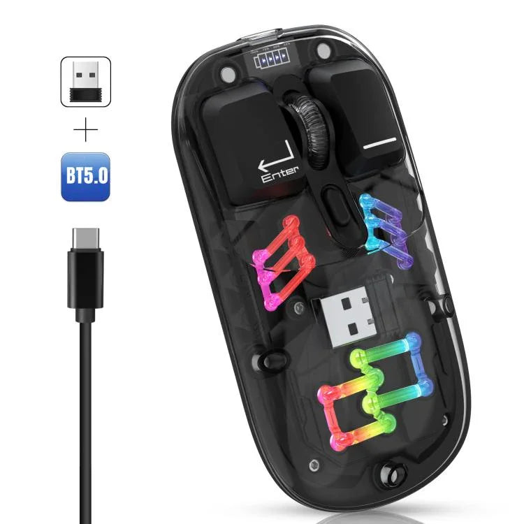 HXSJ T200 เมาส์ไร้สาย RGB โปร่งใส โหมดคู่ 2.4G BT5.0, T200