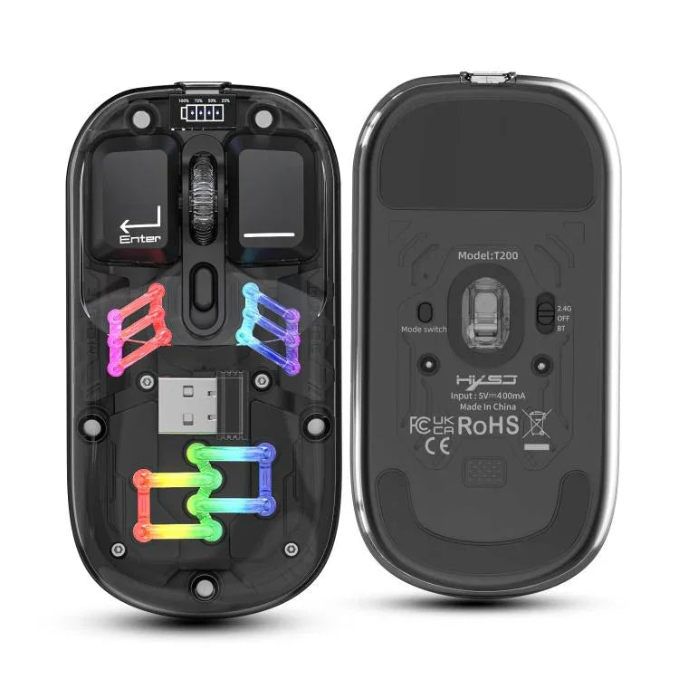HXSJ T200 เมาส์ไร้สาย RGB โปร่งใส โหมดคู่ 2.4G BT5.0, T200