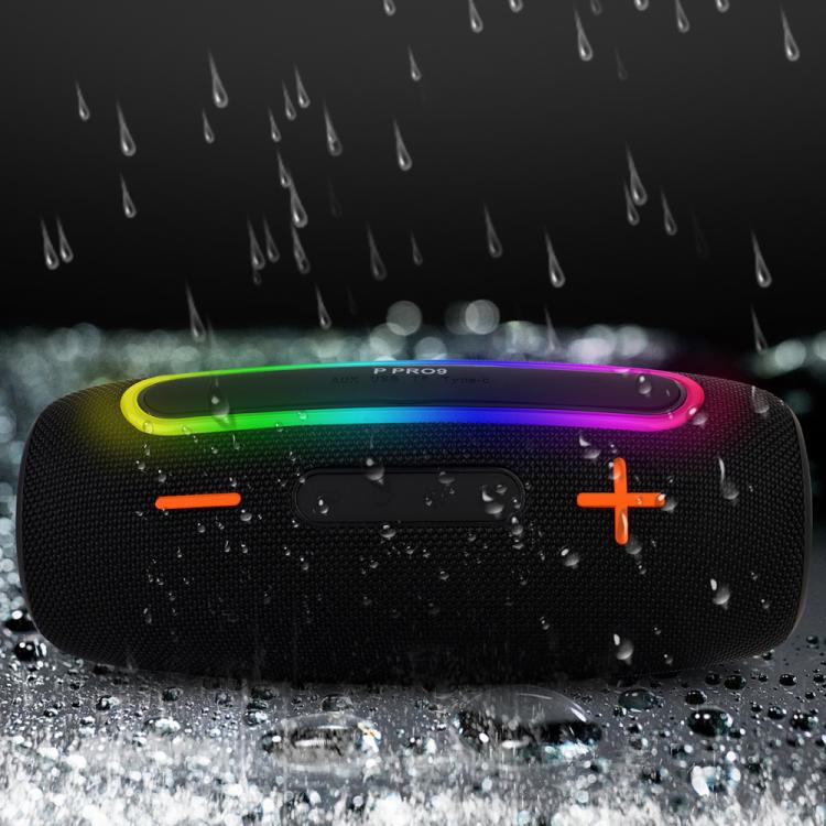 ลำโพงไร้สายพกพากำลัง 20W กันน้ำ IPX6 พร้อมไฟ RGB สำหรับใช้งานกลางแจ้ง ระบบเสียงสเตอริโอพร้อมซับวูฟเฟอร์ PRO9