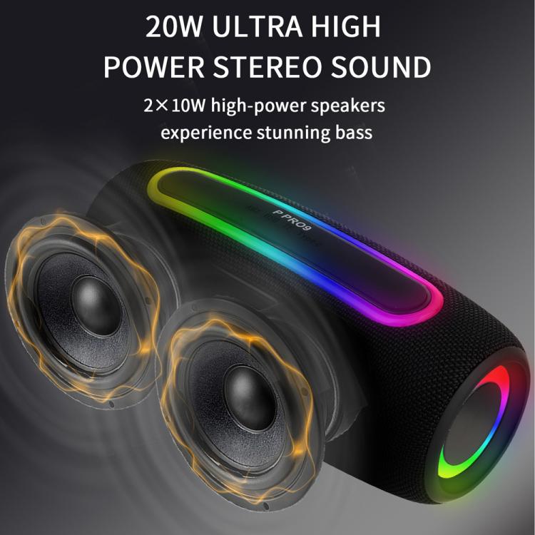 ลำโพงไร้สายพกพากำลัง 20W กันน้ำ IPX6 พร้อมไฟ RGB สำหรับใช้งานกลางแจ้ง ระบบเสียงสเตอริโอพร้อมซับวูฟเฟอร์ PRO9