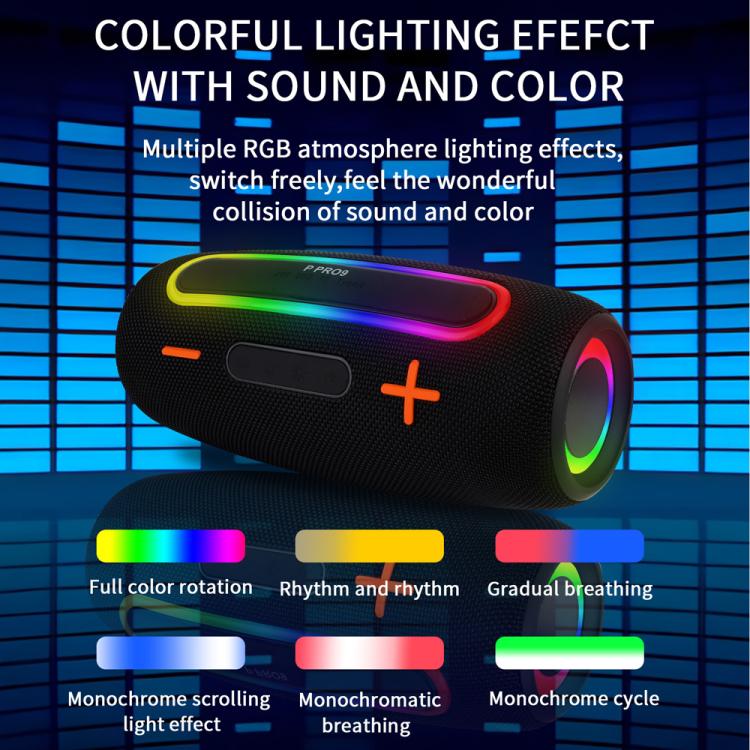 ลำโพงไร้สายพกพากำลัง 20W กันน้ำ IPX6 พร้อมไฟ RGB สำหรับใช้งานกลางแจ้ง ระบบเสียงสเตอริโอพร้อมซับวูฟเฟอร์ PRO9