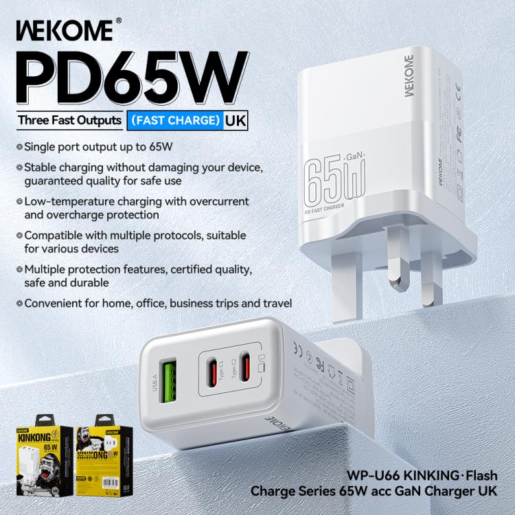ที่ชาร์จเร็ว WK WP-U66 Kinkong 65W USB-C / Type-C คู่ + USB GaN ปลั๊ก UK, ปลั๊ก US, ปลั๊ก EU