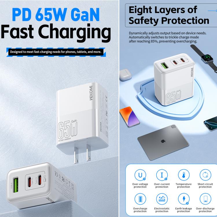 ที่ชาร์จเร็ว WK WP-U66 Kinkong 65W USB-C / Type-C คู่ + USB GaN ปลั๊ก UK, ปลั๊ก US, ปลั๊ก EU