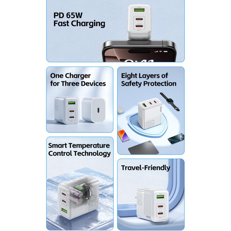 ที่ชาร์จเร็ว WK WP-U66 Kinkong 65W USB-C / Type-C คู่ + USB GaN ปลั๊ก UK, ปลั๊ก US, ปลั๊ก EU