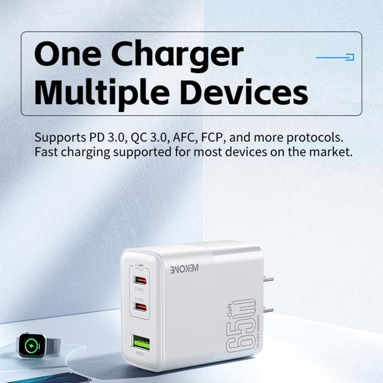 ที่ชาร์จเร็ว WK WP-U66 Kinkong 65W USB-C / Type-C คู่ + USB GaN ปลั๊ก UK, ปลั๊ก US, ปลั๊ก EU