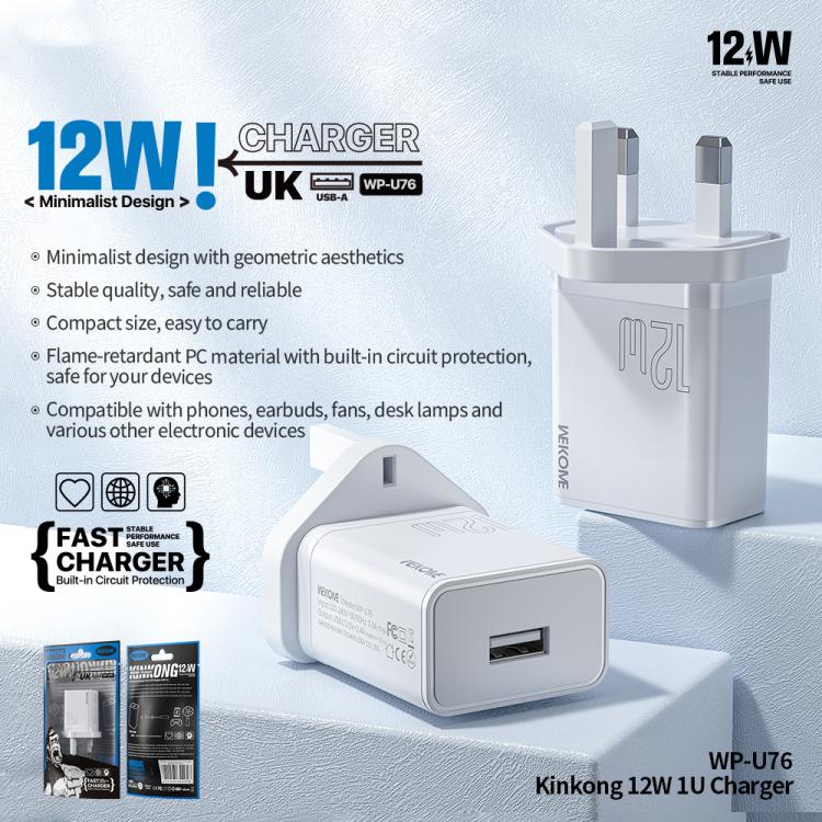 ที่ชาร์จ WK WP-U76 Kinkong 12W USB ปลั๊ก UK, ปลั๊ก US, ปลั๊ก EU