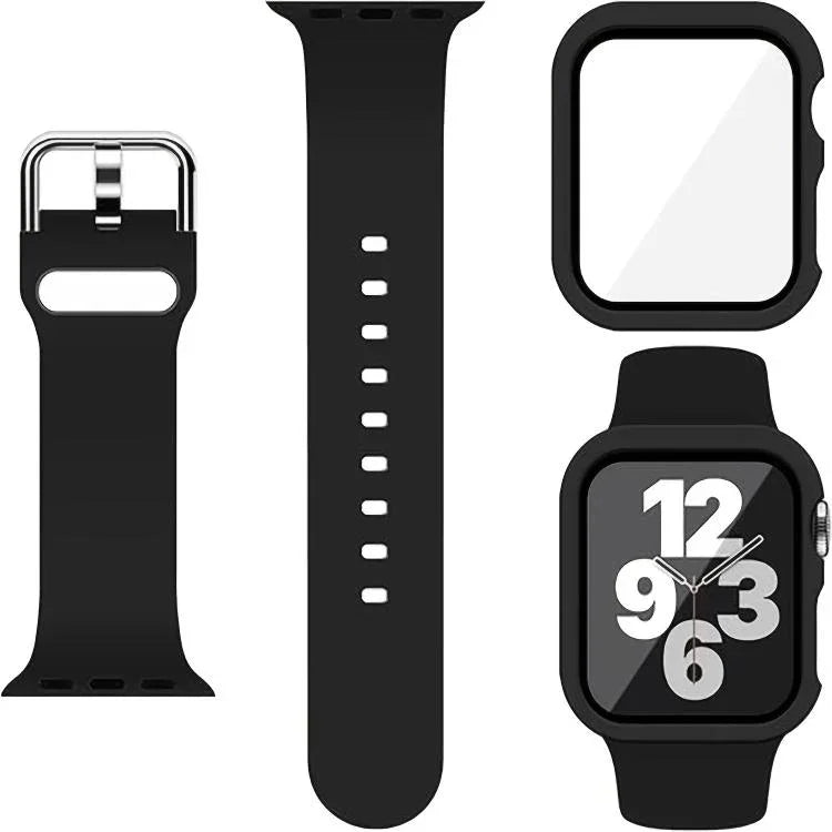 สายรัดนาฬิกาซิลิโคนหัวเข็มขัดหมุดพร้อมเคส PC แบบฟิล์มในตัว สำหรับ Apple Watch Series 44mm, สำหรับ Apple Watch Series 40mm, สำหรับ Apple Watch Series 10 / 11 46mm, สำหรับ Apple Watch Series 10 / 11 42mm, สำหรับ Apple Watch Ultra 3 / 2 / 1 49mm
