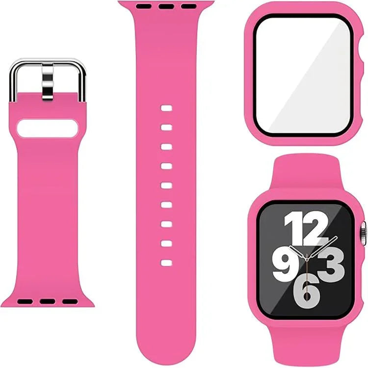 สายรัดนาฬิกาซิลิโคนหัวเข็มขัดหมุดพร้อมเคส PC แบบฟิล์มในตัว สำหรับ Apple Watch Series 44mm, สำหรับ Apple Watch Series 40mm, สำหรับ Apple Watch Series 10 / 11 46mm, สำหรับ Apple Watch Series 10 / 11 42mm, สำหรับ Apple Watch Ultra 3 / 2 / 1 49mm