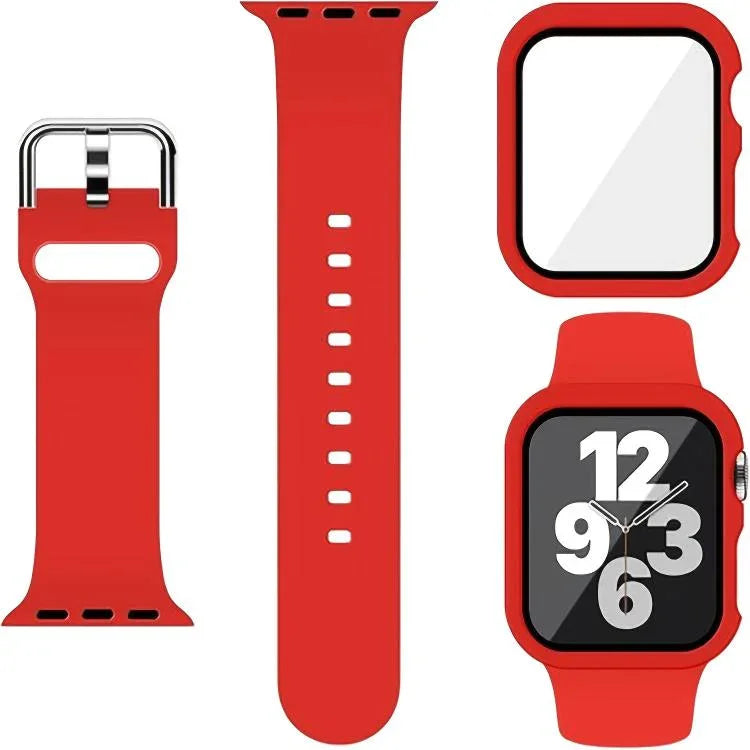 สายรัดนาฬิกาซิลิโคนหัวเข็มขัดหมุดพร้อมเคส PC แบบฟิล์มในตัว สำหรับ Apple Watch Series 44mm, สำหรับ Apple Watch Series 40mm, สำหรับ Apple Watch Series 10 / 11 46mm, สำหรับ Apple Watch Series 10 / 11 42mm, สำหรับ Apple Watch Ultra 3 / 2 / 1 49mm